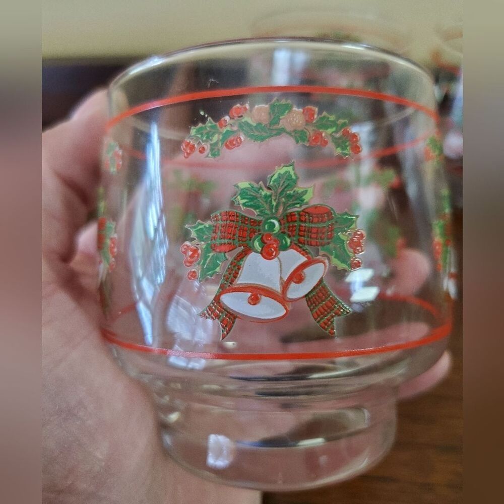 Vintage 4 Holly Bells Christmas Holiday Old Fashion Rock Glasses made by Sango